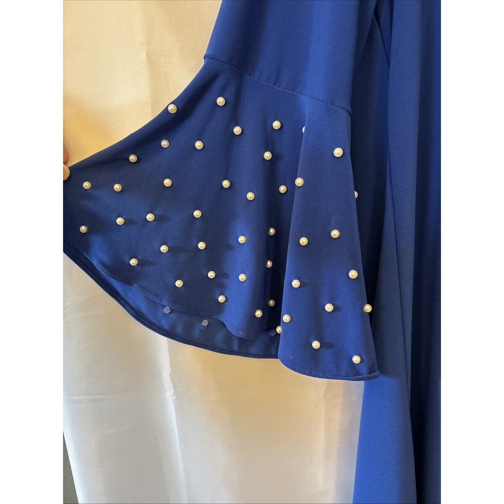 MSK Shift Dress Royal Blue Pearl Trim Bell Sleeves Stretch Keyhole Formal Party - Picture 2 of 6